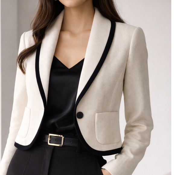 Lauren Ralph Lauren Cream Knit Linen Blazer Black Trim Contrast Size 8 Career - Picture 1 of 12